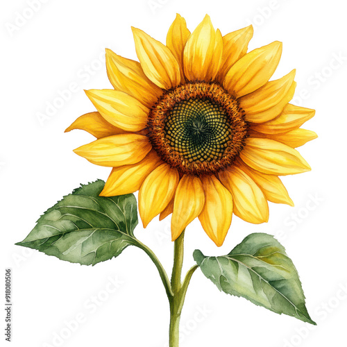 A vibrant sunflower with bright yellow petals and a textured brown center, surrounded by green leaves, showcasing the beauty of nature.