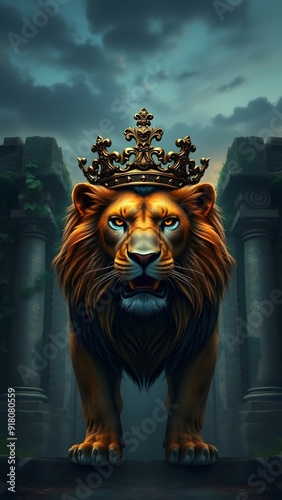 Fierce Lion with Bronze Crown at Ancient Temple Entrance - Fantasy Artwork