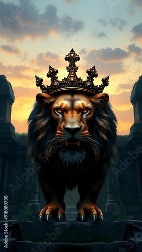 Fierce Lion with Bronze Crown at Ancient Temple Entrance - Fantasy Artwork