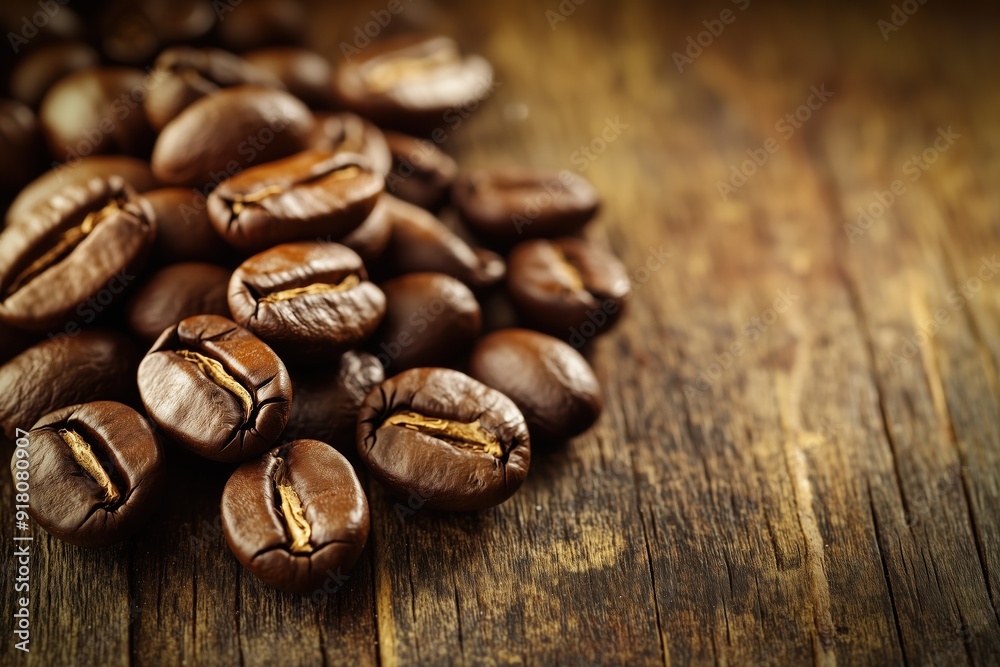 Coffee Beans Piled on Rustic Wooden Table Coffee Beans Piled on Rustic Wooden Table