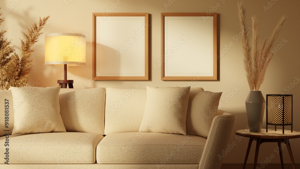 Fototapeta premium Wood frame mockup in cozy living room interior 3d rendered