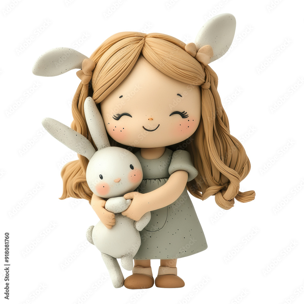 A cute, cheerful girl with blonde hair and bunny ears hugs a soft, white bunny, showcasing innocence and playfulness in a whimsical style