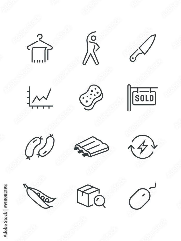 Steak beef, Tent camping, Toilet paper, Towel bath, Training aerobic fitness exercise sport icon, vector illustration