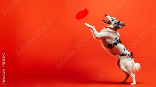 Energetic puppy jumping to catch red on vibrant red background