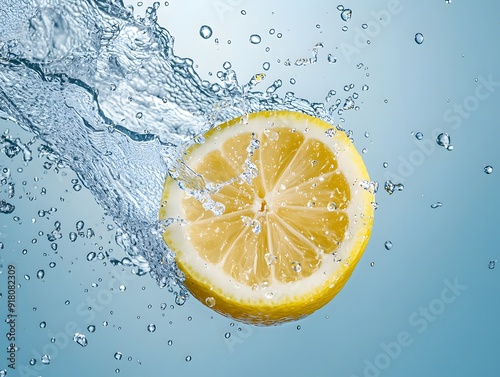 Lemon Slice Splashing in Refreshing Clear Water