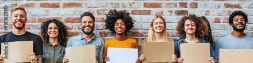 A group of diverse people, holding signs and smiling, stand together in front of a plain brick wall.