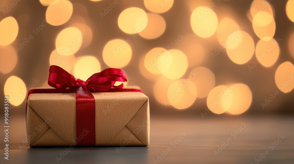 A beautifully wrapped gift box with a red ribbon, set against a backdrop of soft, glowing lights for a festive atmosphere. A beautifully wrapped gift box with a red ribbon, set against a backdrop of soft, glowing lights for a festive atmosphere.