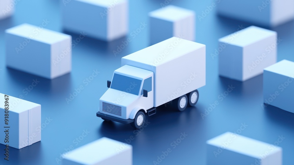 A white delivery truck surrounded by blank boxes, symbolizing logistics, shipping, and transportation in a minimalist style. A white delivery truck surrounded by blank boxes, symbolizing logistics, shipping, and transportation in a minimalist style.