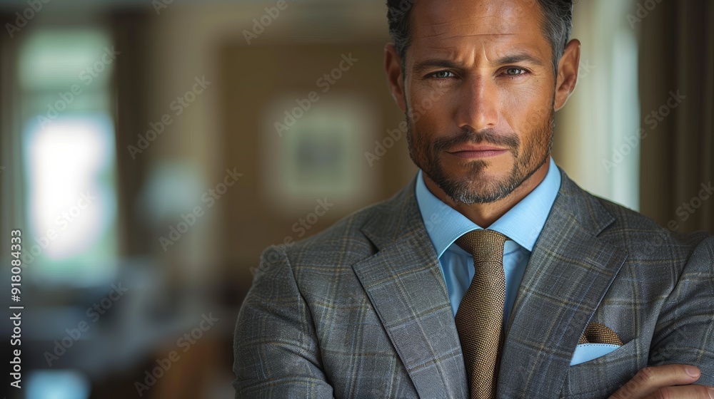 Professional man in a well-tailored suit poses confidently in an elegant office setting in the afternoon Professional man in a well-tailored suit poses confidently in an elegant office setting in the afternoon