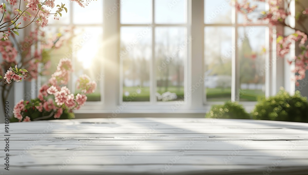 Rustic white wooden table with large spring window view and copy space Rustic white wooden table with large spring window view and copy space