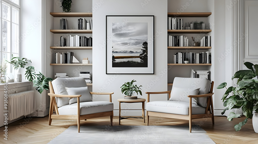 Modern living room interior with two armchairs, a coffee table, bookshelves, and a framed landscape photograph. Modern living room interior with two armchairs, a coffee table, bookshelves, and a framed landscape photograph.