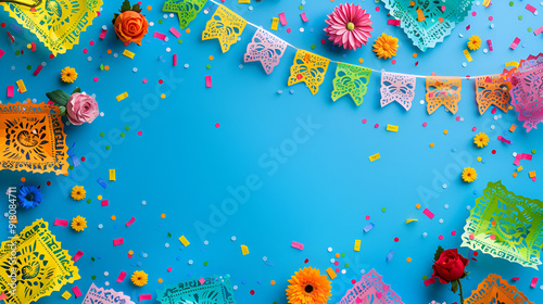  Mexican Fiesta design with blue isolated background, Festive background with colorful bunting balloons and confetti Ideal for celebrations parties ,copy space.