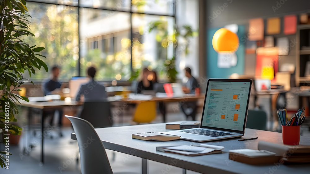 Laptop on table in a modern office with blurred background.