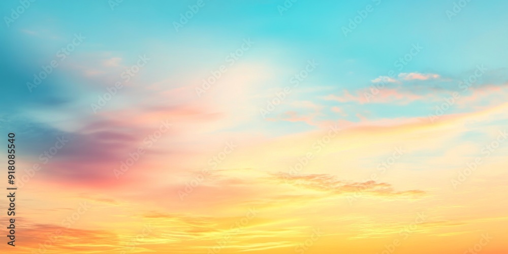 Obraz premium Ethereal Vista of Fantasy: A Vibrant Panoramic Sunset Sky, Rich in Gradient Colors, Embracing the Tranquil and Uplifting Spirit of a Summer Twilight,4K wallpaper, poster background