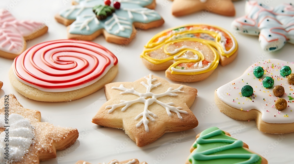 A collection of various holiday cookies with colorful icing arranged on a white surface. The bright and festive cookies create a joyful celebration scene. A collection of various holiday cookies with colorful icing arranged on a white surface. The bright and festive cookies create a joyful celebration scene.