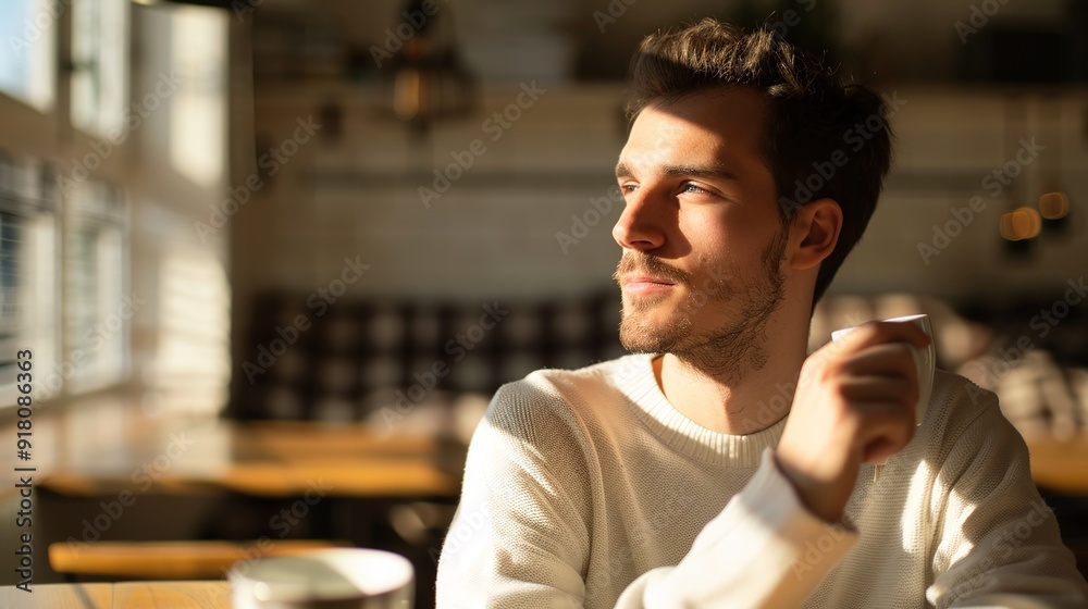 Urban Lifestyle - Young Man Enjoying Coffee in Stylish Cafe with Sunlight Shadows Urban Lifestyle - Young Man Enjoying Coffee in Stylish Cafe with Sunlight Shadows