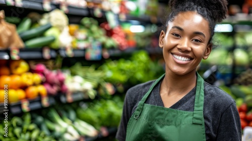 Friendly Grocery Store Worker Smiling in Produce Aisle Showing Customer Service