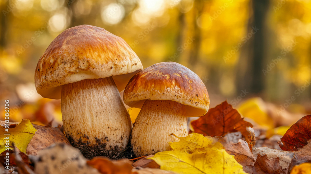 Two golden-brown mushrooms growing among colorful autumn leaves in a forest setting Two golden-brown mushrooms growing among colorful autumn leaves in a forest setting