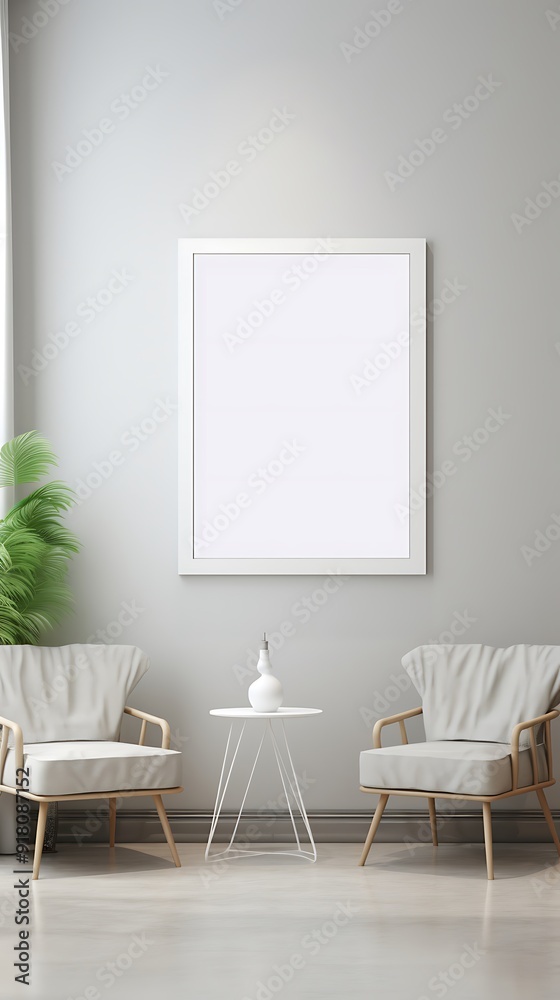 A mockup of an empty white poster on the wall in modern hospital waiting room with comfortable chairs and medical equipment A mockup of an empty white poster on the wall in modern hospital waiting room with comfortable chairs and medical equipment