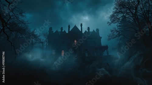 A haunted mansion surrounded by swirling mist and leafless trees, silhouetted against a dark, ominous sky.