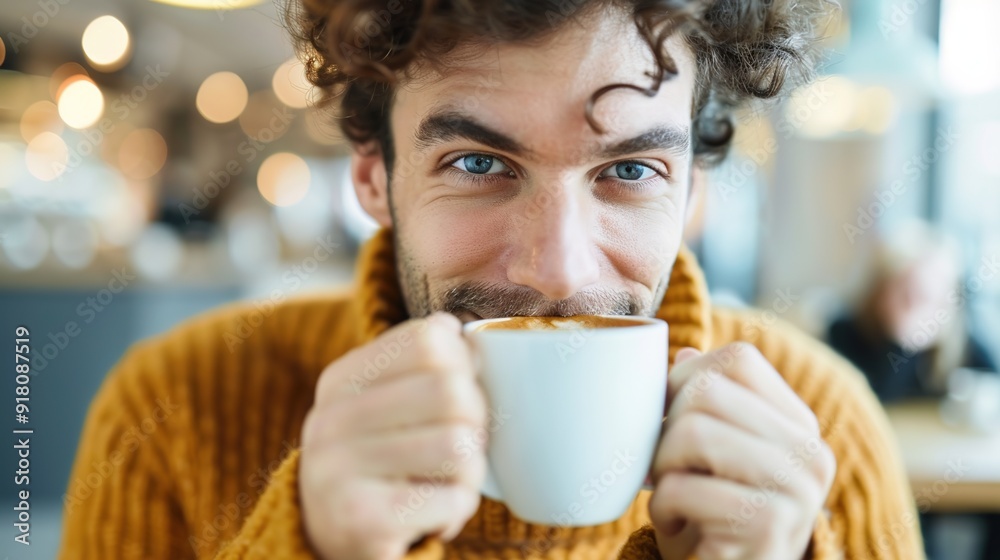 Stylish Man Enjoying Coffee in Modern Cafe with Creative Interior Design Stylish Man Enjoying Coffee in Modern Cafe with Creative Interior Design