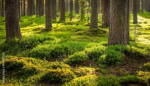 moss covered surface and soil of a pine tree forest