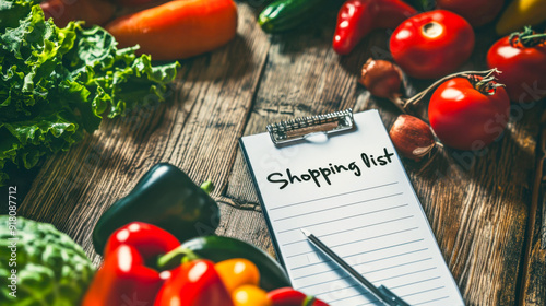 Fresh vegetables and a shopping list on a rustic wooden table photo