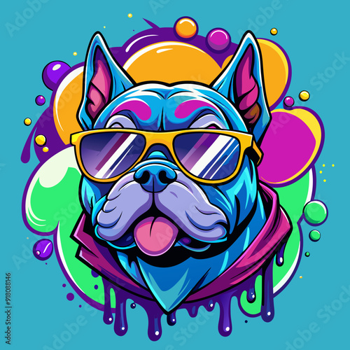bulldog wearing  sunglasses stands out against a background of colorful splashe