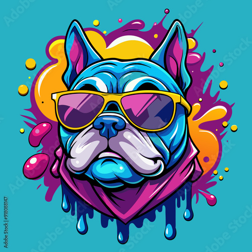 bulldog wearing  sunglasses stands out against a background of colorful splashe