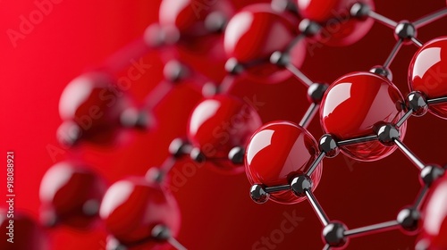 Close-up view of red molecular structure showcasing glossy spheres interconnected by black bonds, emphasizing science and chemistry. photo