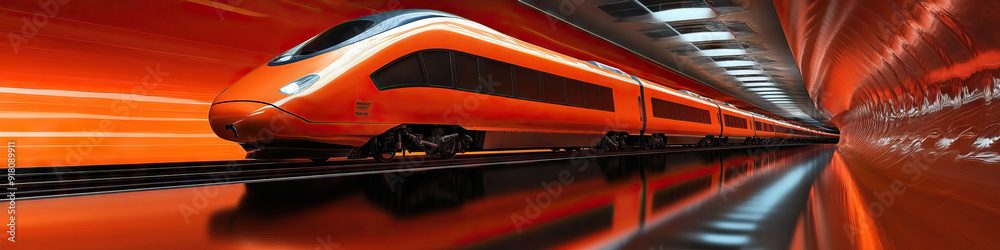 Naklejka premium Refined Rail: An elegant train glides along a shimmering rail track, its sleek design on display.
