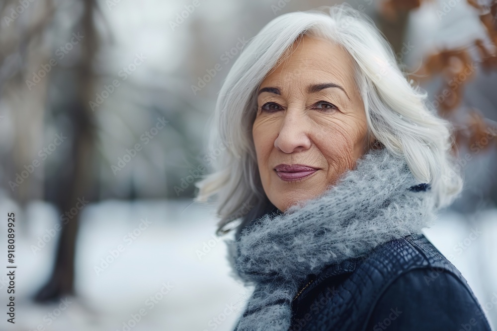 Elegant senior woman in winter setting, soft focus background Elegant senior woman in winter setting, soft focus background