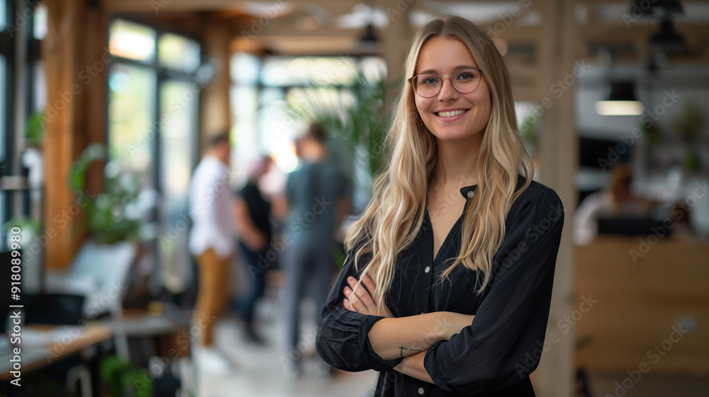 An attractive smiling and confident woman posing at her business office with coworkers and employees in the background An attractive smiling and confident woman posing at her business office with coworkers and employees in the background