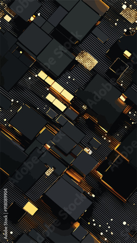 Black and Gold 3D Seamless Background Pattern suitable for vertical social media, backgrounds, wallpaper and templates, high end modern design in an abstract style. 