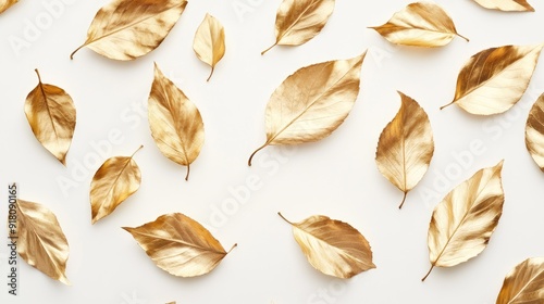 Elegant golden leaves scattered on a pristine white background, creating a luxurious and minimalist composition.