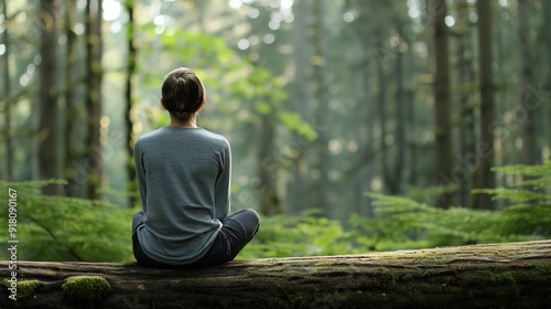 Tranquil Forest Meditation - Person Sitting on Log, Listening to Nature Sounds and Finding Inner Peace in Woods