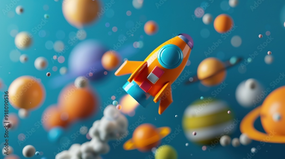 Naklejka premium Futuristic Toy Spaceship Flying Through Celestial Cosmos - 3D Render Illustration