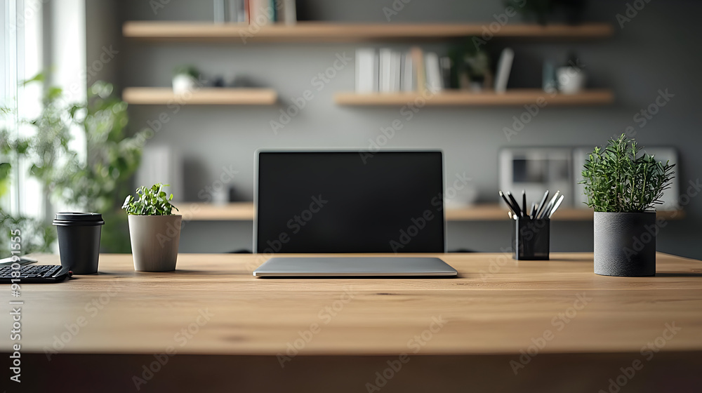 Minimalist workspace with laptop on wooden desk. Minimalist workspace with laptop on wooden desk.