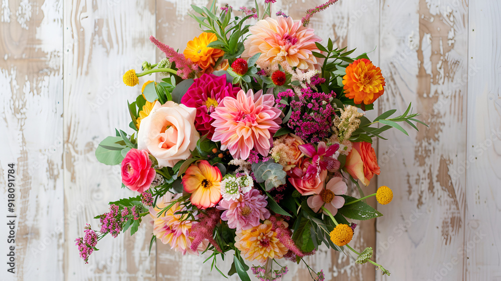 Naklejka premium Arrangement of June garden flowers, a view from top,copy space,wooden background.