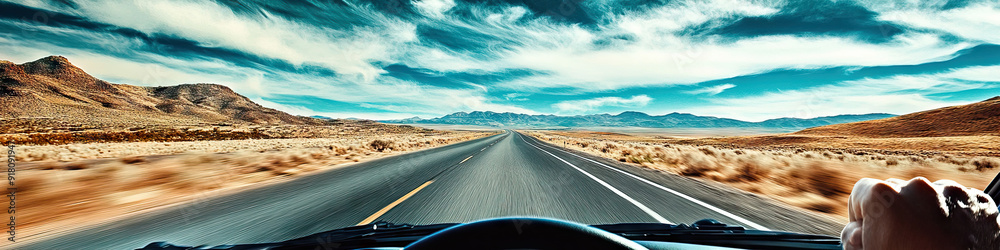 Fototapeta premium An open highway stretches out before a lone driver, their eyes fixed on the endless expanse ahead.