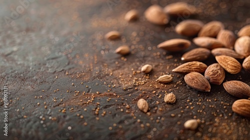 Almond seeds displayed on a table with plenty of empty space for integrating text or images Generative AI