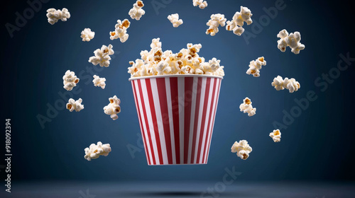 Dynamic scene of a floating popcorn bucket surrounded by exploding popcorn on a dark background, with space for text. Ideal for dramatic, cinematic designs.