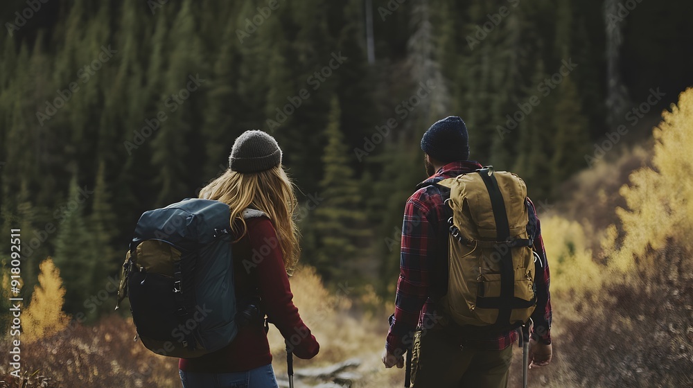 Fototapeta premium A couple hiking through a forest, wearing jackets and backpacks, enjoying the scenic nature.