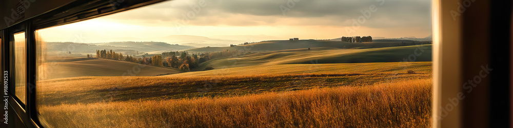 Obraz premium A peaceful train journey through rolling hills, offering travelers a much-needed break from the hustle and bustle.