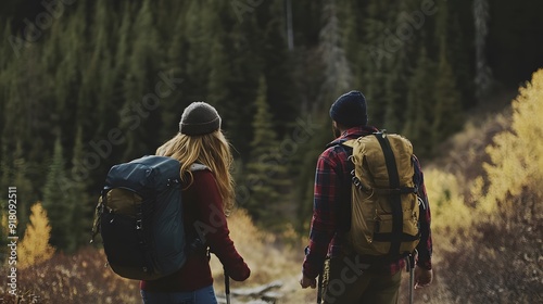 A couple hiking through a forest, wearing jackets and backpacks, enjoying the scenic nature.