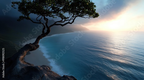 A solitary tree stands firmly on a cliff, overlooking the expansive ocean under the golden light of sunrise, evoking a sense of solitude and awe at nature's grandeur. photo