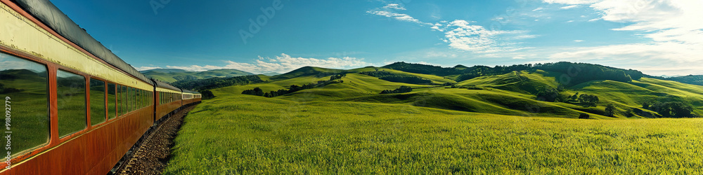 A peaceful train journey through rolling hills, offering travelers a much-needed break from the hustle and bustle. A peaceful train journey through rolling hills, offering travelers a much-needed break from the hustle and bustle.