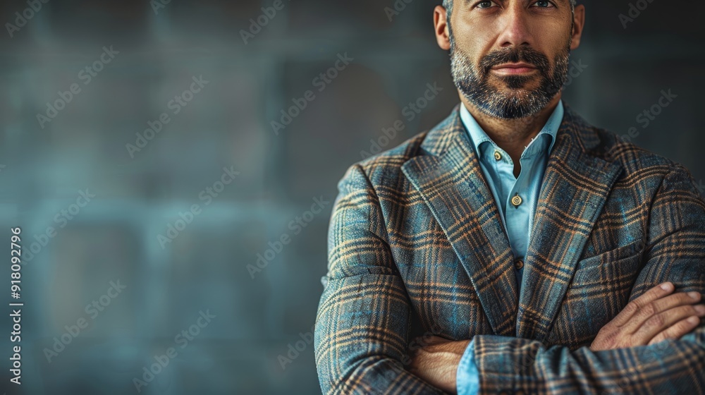 Man in a checkered blazer poses confidently against a textured wall background in an indoor setting Man in a checkered blazer poses confidently against a textured wall background in an indoor setting