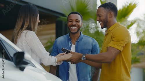 Two men smiling and receiving car keys from a woman outdoors.