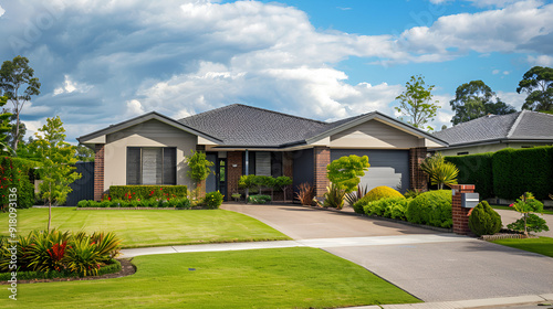 A contemporary Australian home or residential buildings front yard features artificial grass lawn